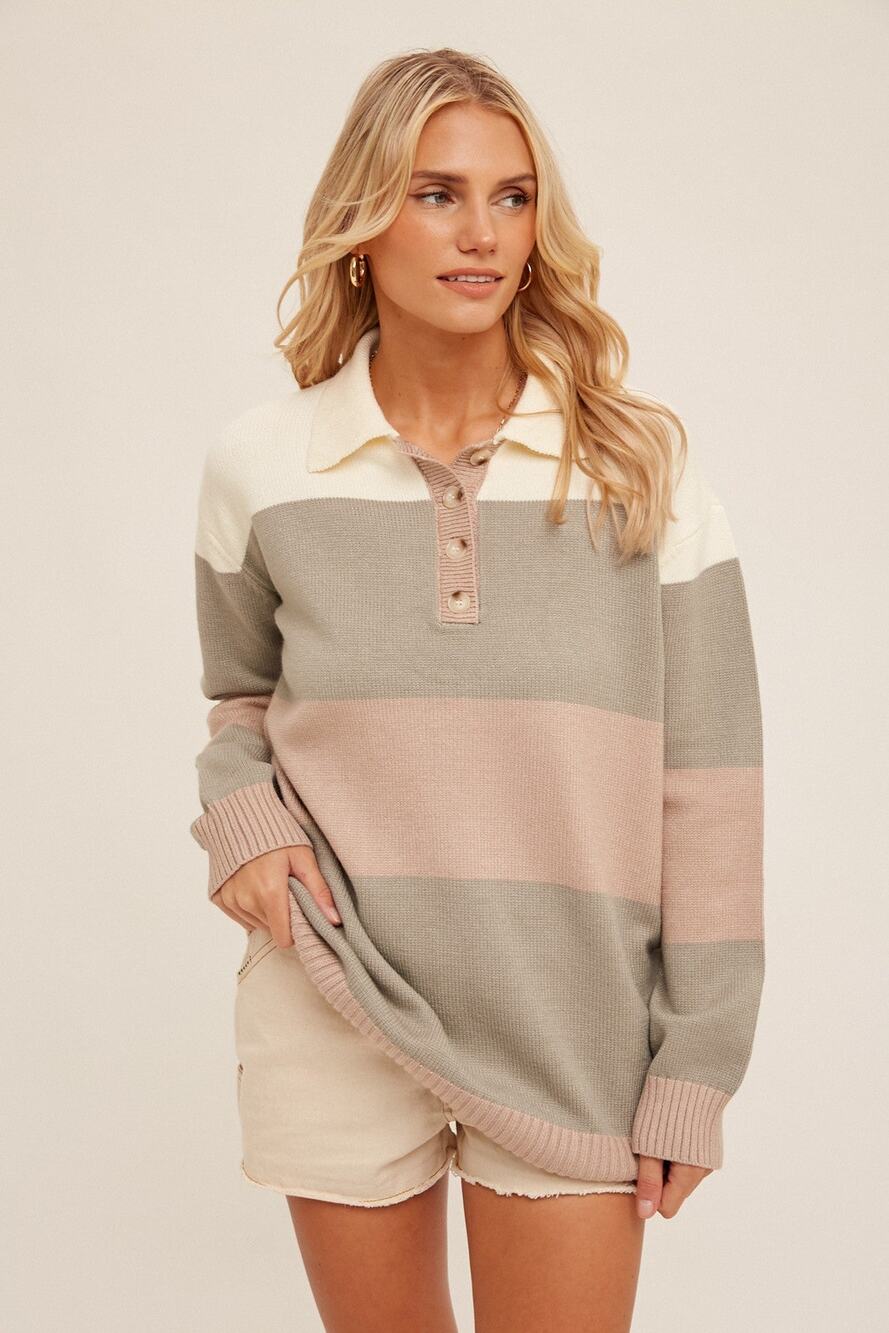 Oversize Color Block Collared Sweater